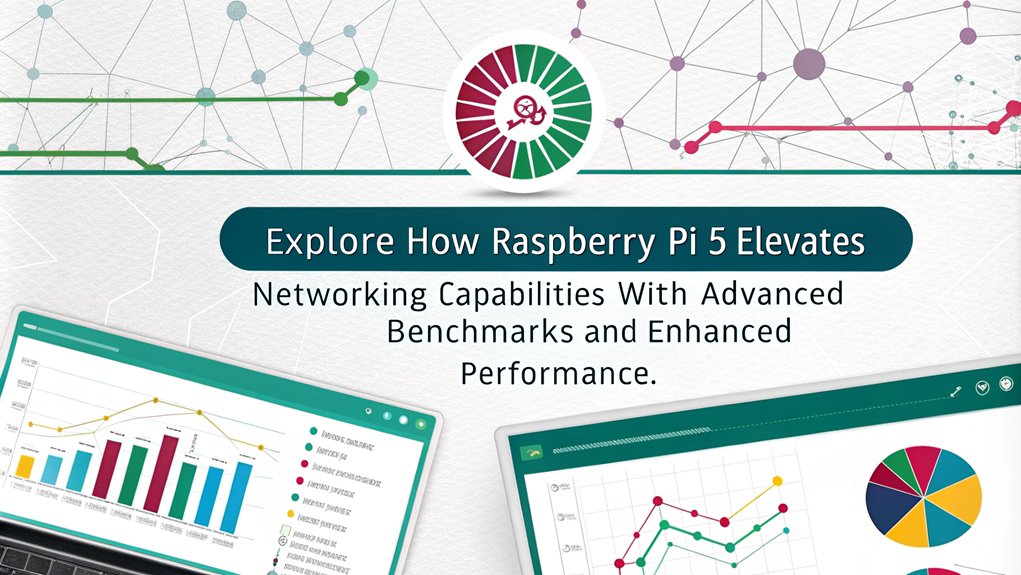 An infographic showcasing Networking Enhancements against Key Performance Benchmarks of Raspberry Pi 5. Highlight improvements in connectivity and speed.