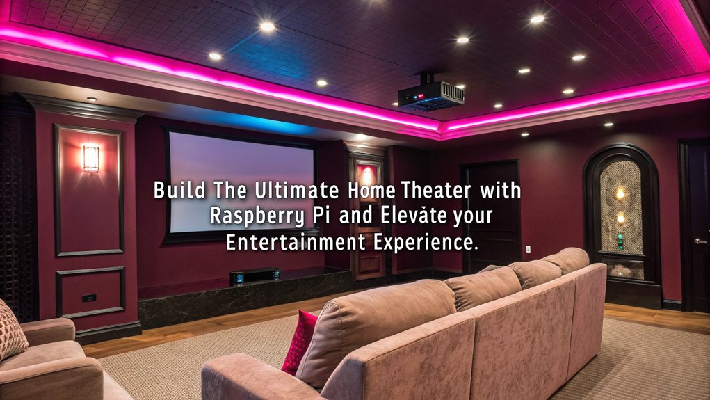 A realistic image showcasing a luxurious home theater setup, featuring a large screen, plush seating, vibrant lighting, and a Raspberry Pi system controls. The ambiance should convey comfort and cutting-edge technology.