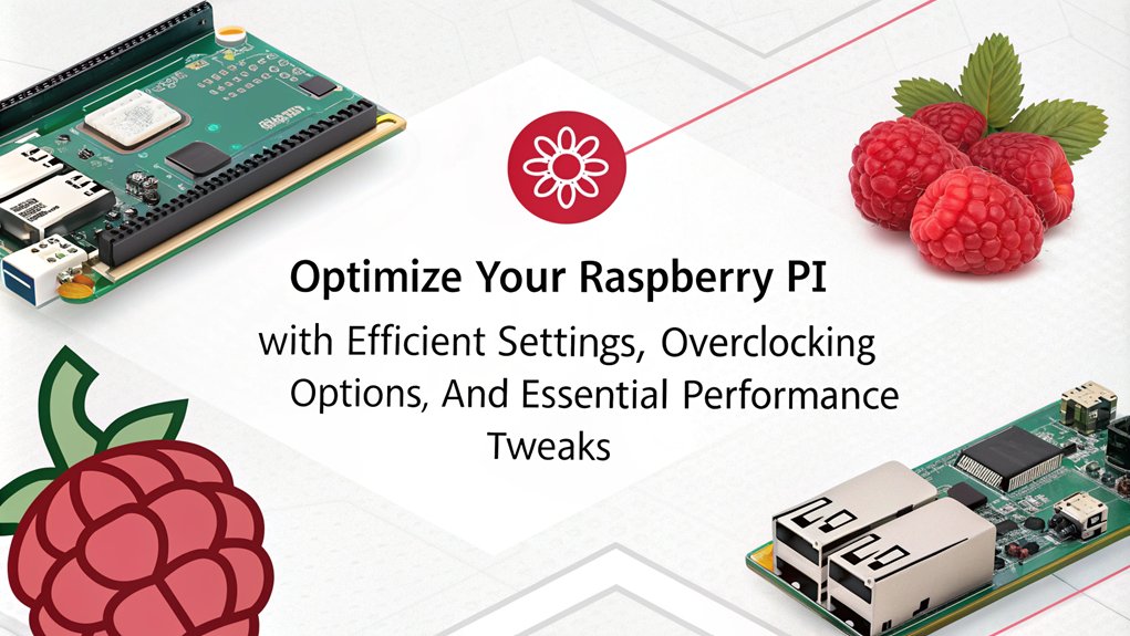 An infographic showcasing Performance Enhancements with the Raspi-Config Tool. Highlight key features, tips for optimizing performance, and configuration options to enhance Raspberry Pi usability.