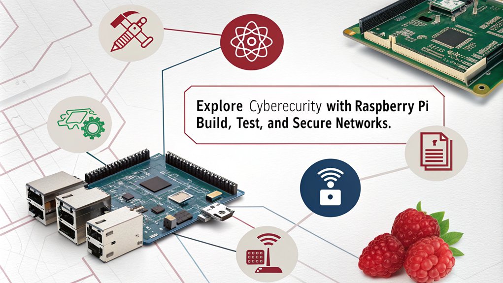 An infographic showcasing innovative project ideas for creating a Raspberry Pi Cybersecurity Lab. Highlight hands-on experiments, tools for network monitoring, and penetration testing techniques.