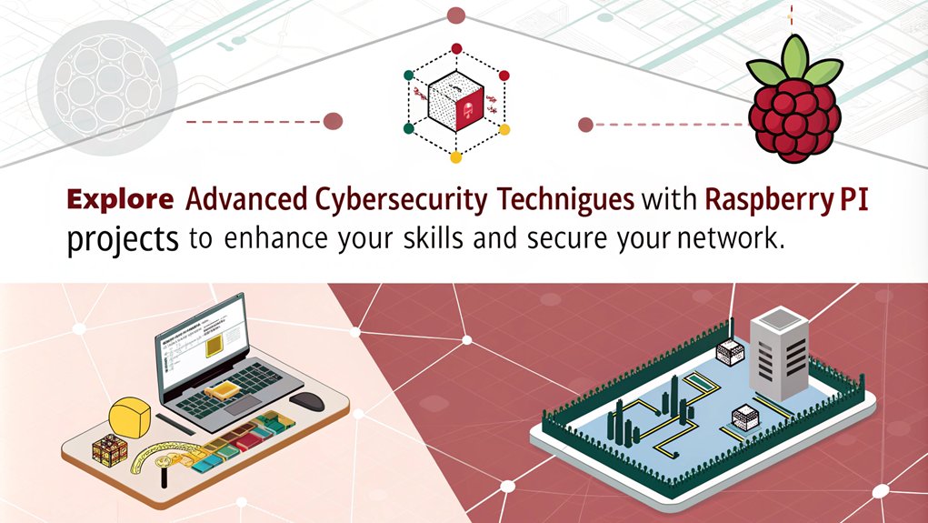 An infographic showcasing advanced cybersecurity projects using a Raspberry Pi Cybersecurity Lab. Highlight projects like network monitoring, penetration testing, and setting up firewalls.