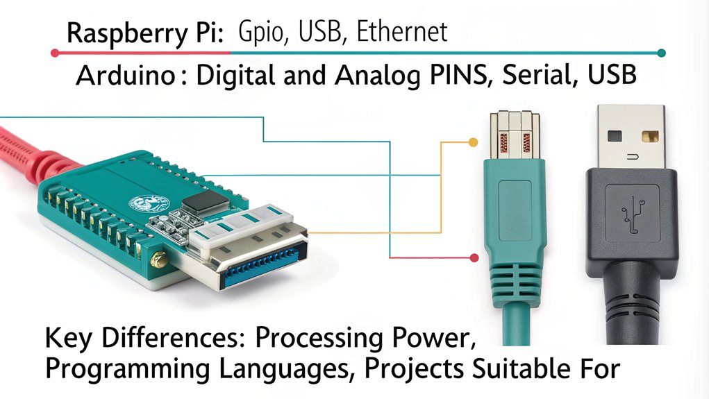 An infographic comparing I/O Pins and Communication Ports of Raspberry Pi vs Arduino for beginners. 