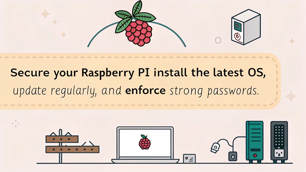 An infographic about Operating System Installation for hardening a Raspberry Pi. Focus on security measures like updating the OS, configuring firewalls, and disabling unused services.