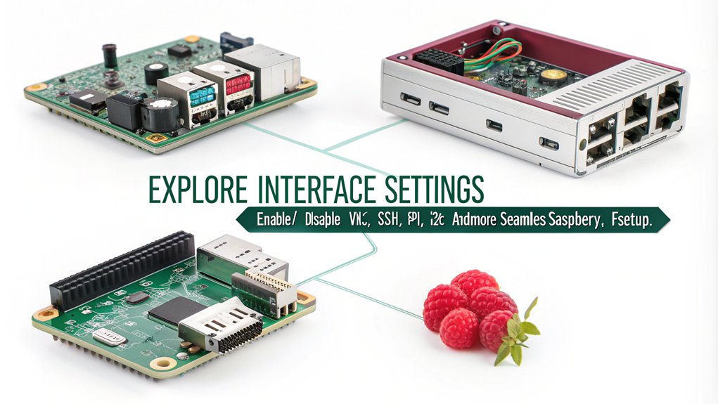 An infographic showcasing the Interface Options in the Raspi-Config Tool: The Ultimate Guide for Raspberry Pi Configuration. Highlight the various interface settings available and their functionalities.