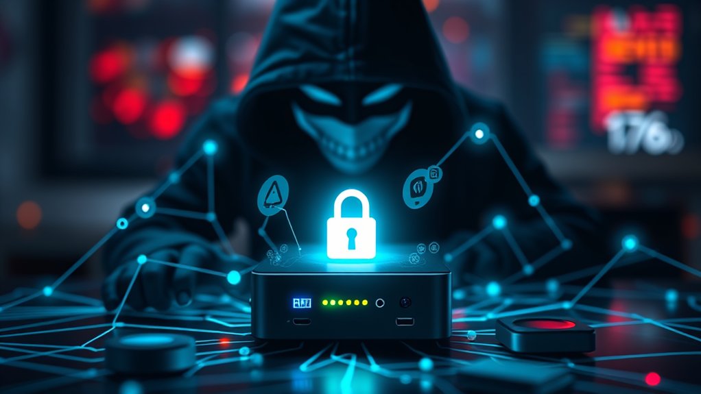 The image captures a sleek, compact mini PC surrounded by a digital web of interconnected devices, symbolizing the IoT landscape. A looming shadow of a hacker's silhouette casts over the setup, with subtle hints of malware icons swirling nearby. A glowing lock icon emanates from the mini PC, representing robust security measures. The background is blurred, focusing attention on the device, while vibrant colors contrast dark tones, highlighting the duality of innovation and vulnerability in modern technology. 