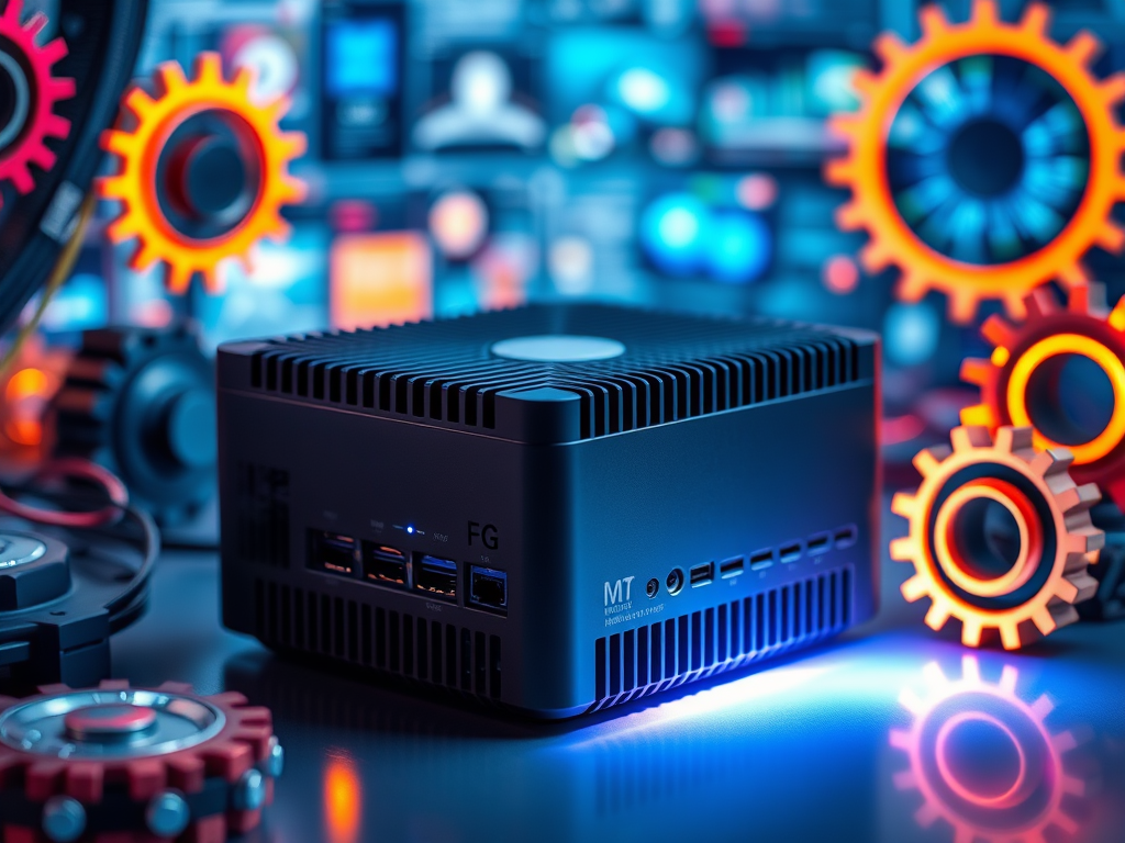 A sleek mini PC surrounded by vibrant gears and circuits, showcasing its compact design. Soft light highlights its connectivity ports while a blurred background displays various virtual environments, emphasizing efficiency and versatility.