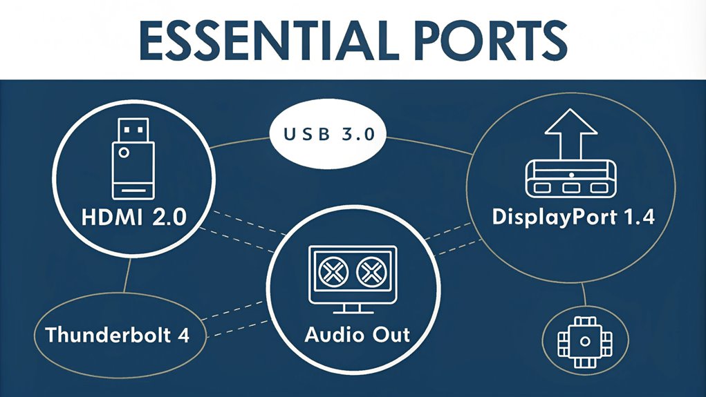 :An infographic with simple, modern line-drawn icons showing common ports found on mini PCs for digital artists. Use a dark blue and white color scheme. Display USB, HDMI, DisplayPort, Thunderbolt, and audio ports in a circular arrangement.