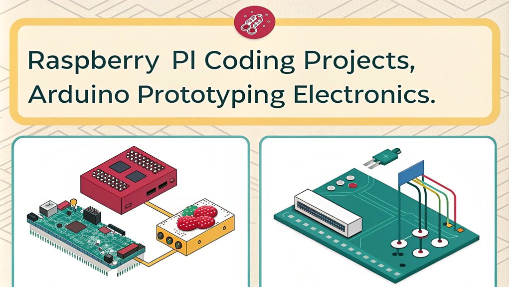 :An infographic comparing the educational use and resources of Raspberry Pi and Arduino for beginners.