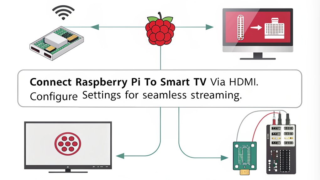 An infographic illustrating the steps to connect a Raspberry Pi to a Smart TV. Include visuals for HDMI connections, network setup, and software installation. 