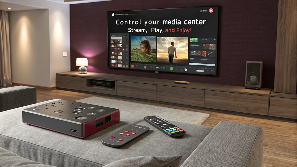 A realistic image showcasing a sleek home theater setup powered by a Raspberry Pi. Display a sophisticated media center interface on a large screen with various streaming options, remote control, and cozy seating around. The ambiance should be inviting and modern.