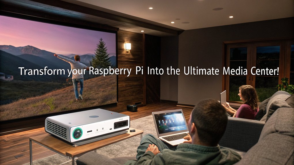 A realistic image of a cozy home theater setup featuring a Raspberry Pi connected to a large screen. Show a person installing media center software on a laptop beside the projector, surrounded by comfortable seating and dim lighting.