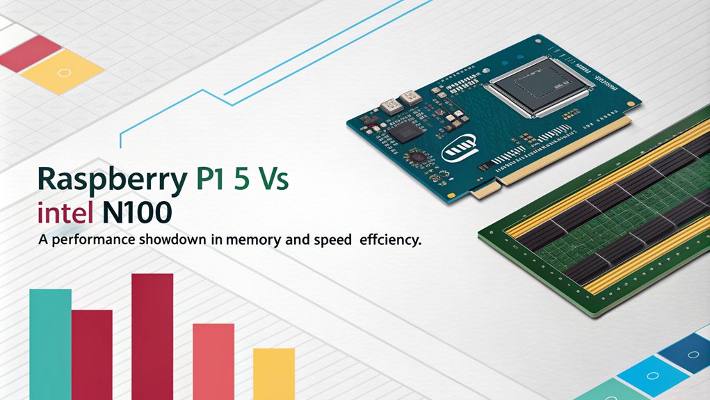 An infographic comparing memory capacity and speed between Raspberry Pi 5 and Intel N100. Highlight 10 key performance metrics, including RAM, speed benchmarks, and multitasking efficiency.