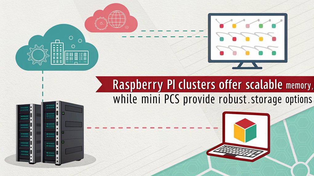 An infographic comparing memory and storage in Raspberry Pi clustering versus a mini PC.