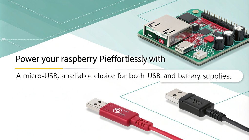 An infographic illustrating how to power your Raspberry Pi using a Micro-USB port, highlighting the advantages of USB and battery options.