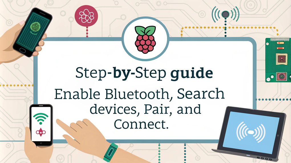 An infographic illustrating how to connect a Raspberry Pi to a Bluetooth device using the Graphical User Interface.