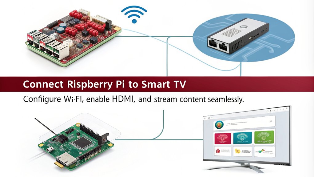 An infographic showcasing Network Configuration for connecting a Raspberry Pi to a Smart TV. Include steps, tips, and visuals to simplify the process.