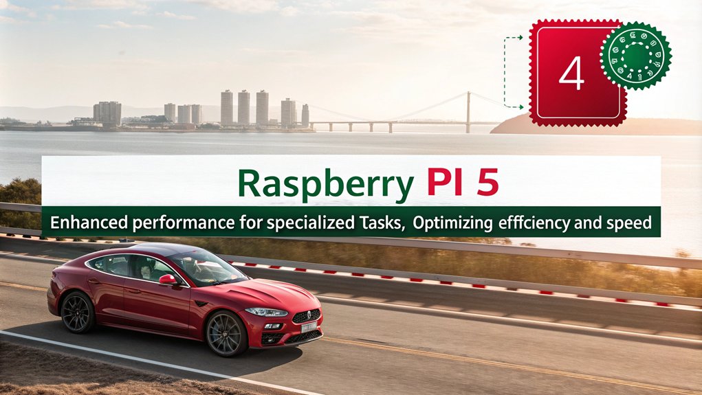:An infographic showcasing Specialized Workloads Efficiency of Raspberry Pi 5. Highlight key performance benchmarks and comparative analysis versus previous models.