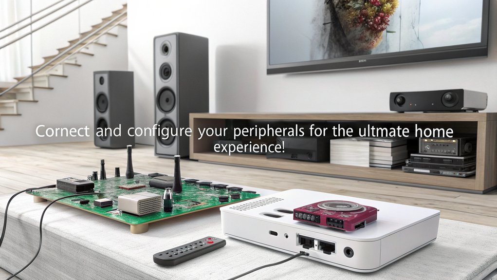 A realistic image of a modern home theater setup featuring a Raspberry Pi connected to various peripherals like a projector, speakers, and remote controls.