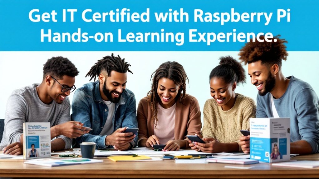 A realistic image showcasing a diverse group of students engaged in hands-on learning with Raspberry Pi devices, surrounded by educational materials and IT certification study guides.