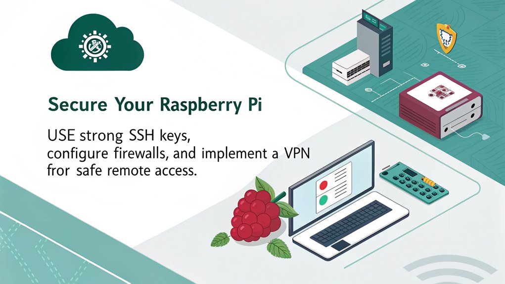 An infographic showcasing best practices for secure remote access in hardening a Raspberry Pi. Include tips on SSH configuration, firewall setup, and VPN usage.