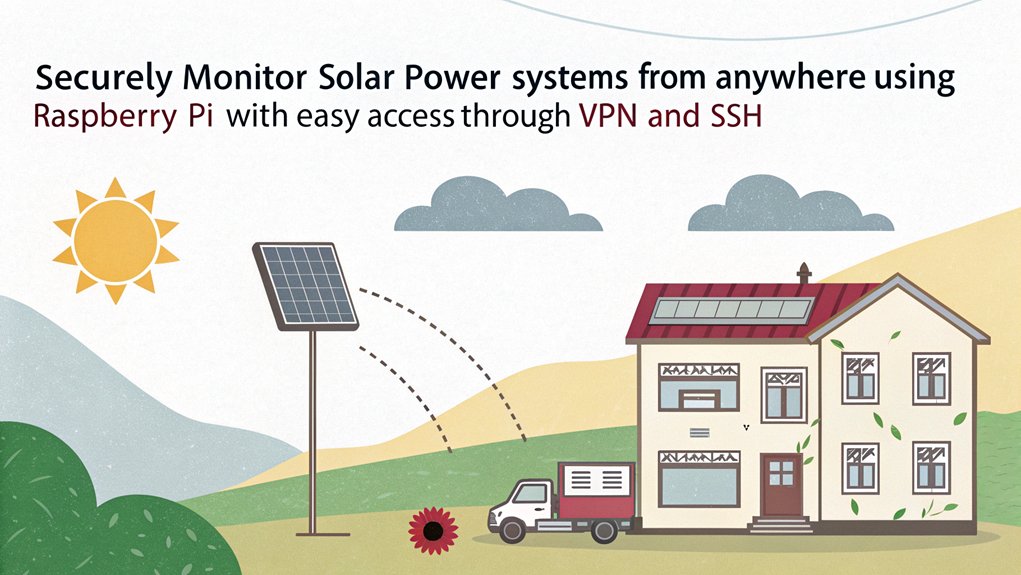 An infographic illustrating Remote Access Options for Solar Power Monitoring using a Raspberry Pi. Highlight key methods like VPN, SSH, and web interfaces.