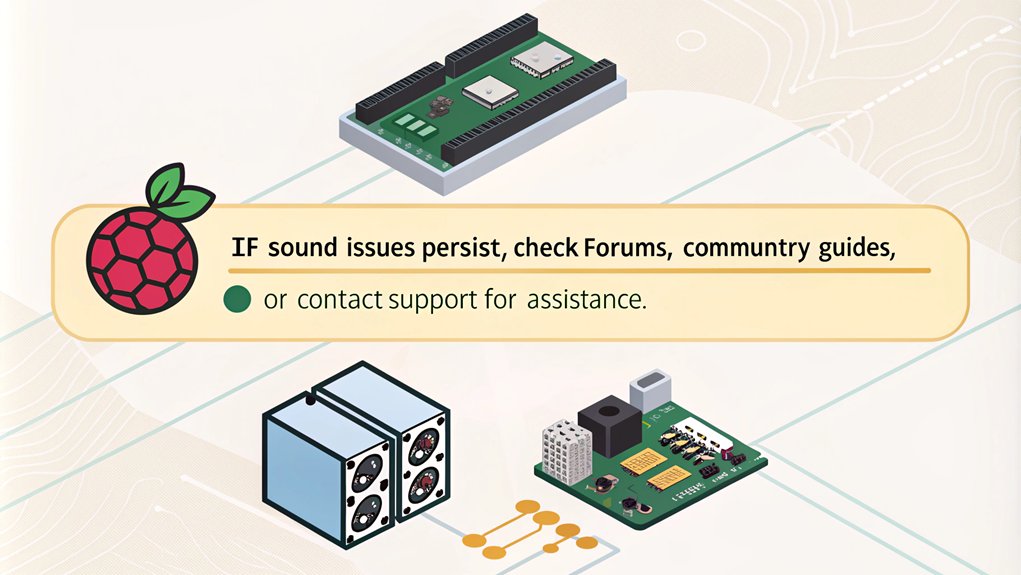 An infographic illustrating how to troubleshoot sound on a Raspberry Pi, focusing on seeking additional support options.