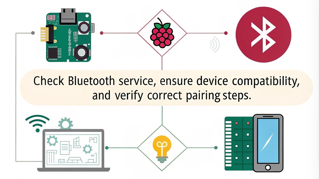 An infographic illustrating troubleshooting common issues when connecting a Raspberry Pi to a Bluetooth device.