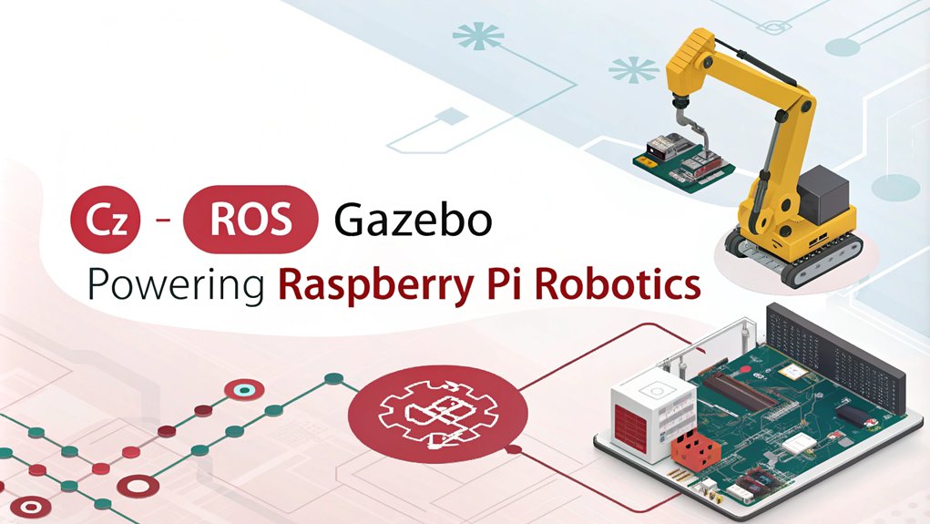 An infographic about the integration of ROS and Gazebo in the context of what C++ can do for Raspberry Pi robotics. The infographic should illustrate how C++ is used to develop robotic applications, the role of ROS (Robot Operating System) in managing robot hardware and software, and how Gazebo provides a simulation environment for testing robotic behaviors.