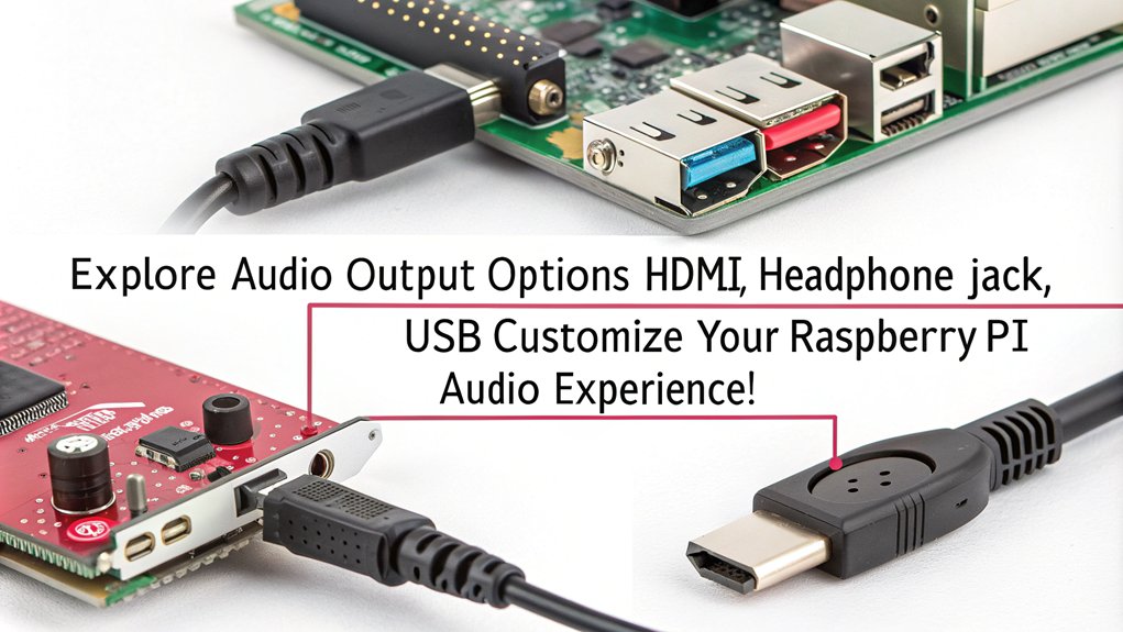 An infographic detailing the steps for Configuring Audio Outputs on Raspberry Pi. Highlight different options such as HDMI, headphone jack, and USB audio.