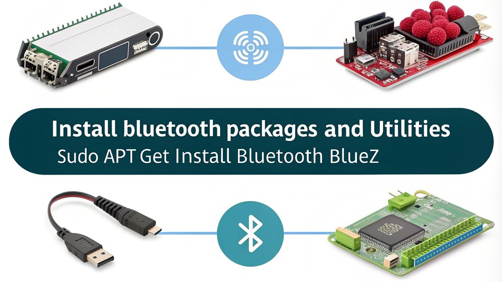 An infographic illustrating the steps for installing necessary software to connect a Raspberry Pi to a Bluetooth device.