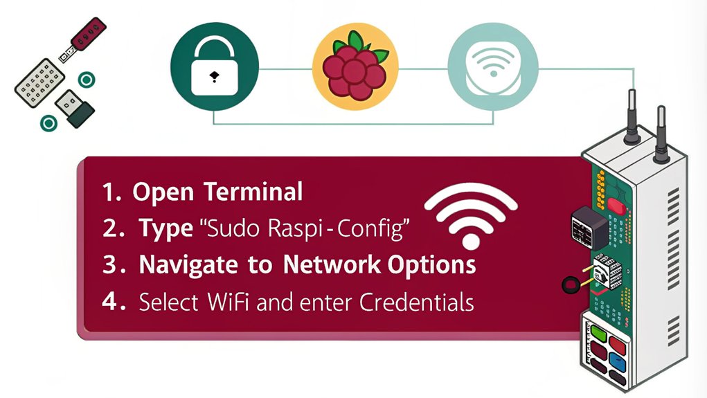 An infographic illustrating the steps to configure WiFi using Raspi-Config for connecting a Raspberry Pi to networks.