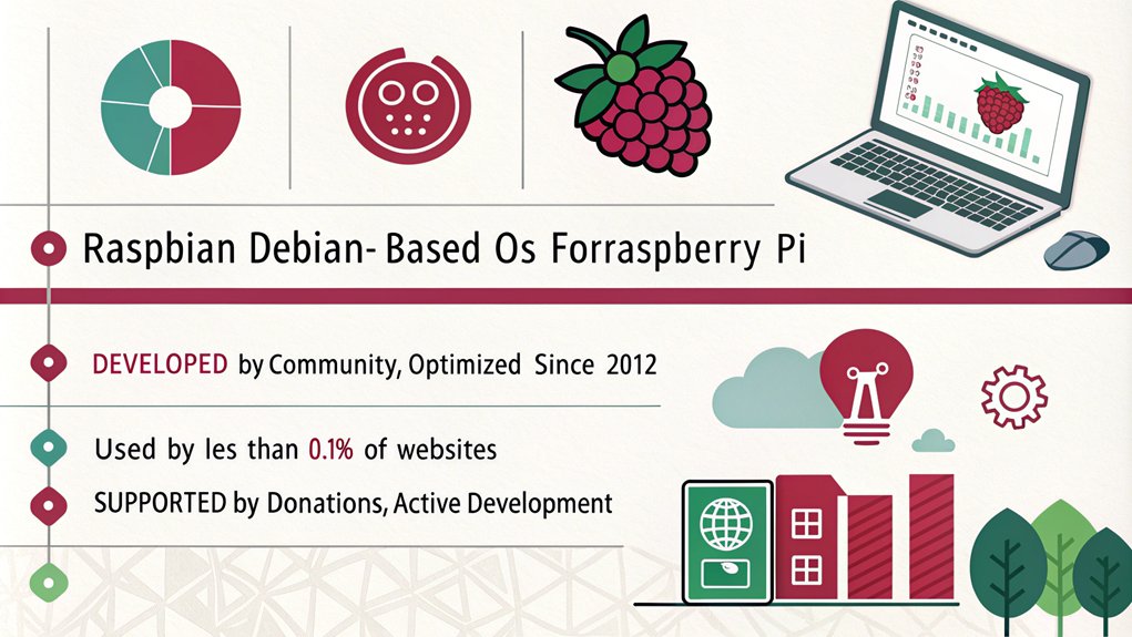 An infographic about the community and usage of Raspbian, including its history, development, and user base. 