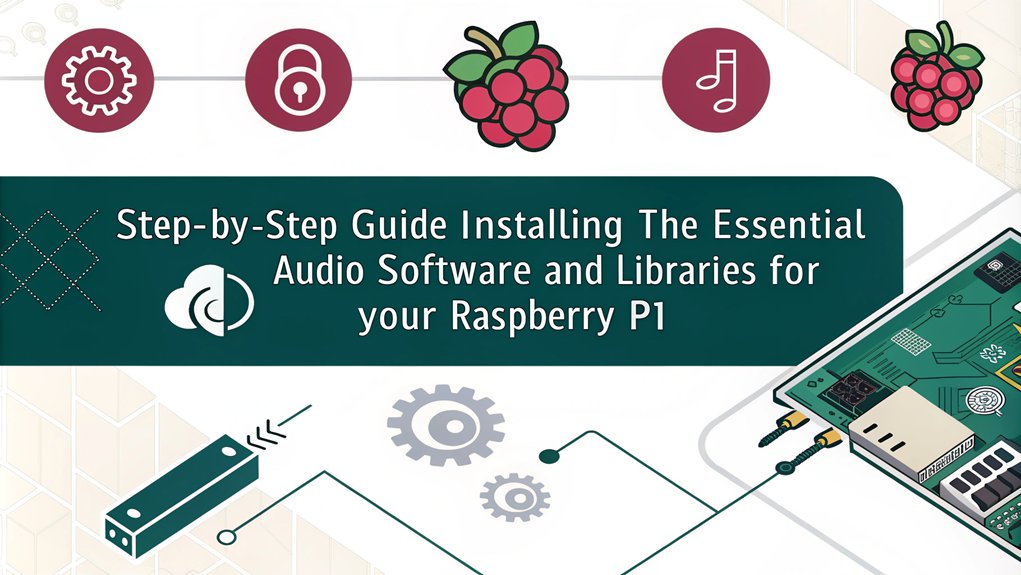An infographic illustrating the process of installing software and libraries for Raspberry Pi audio projects.