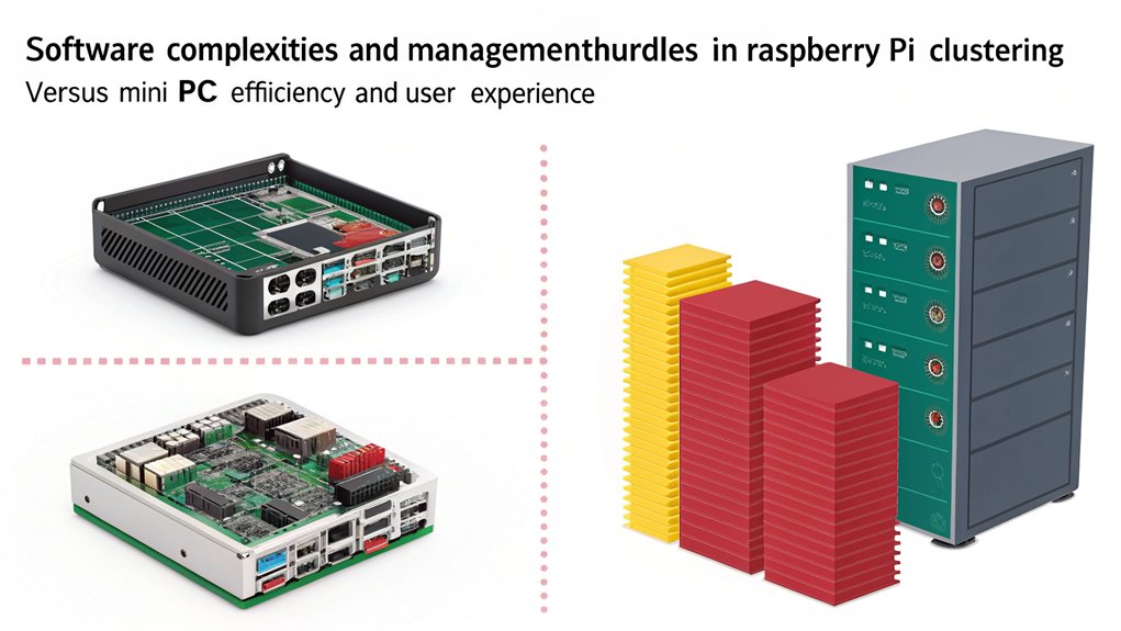 An infographic showcasing the software and management challenges of Raspberry Pi clustering compared to Mini PCs. Highlight key differences in scalability, performance, and ease of deployment.