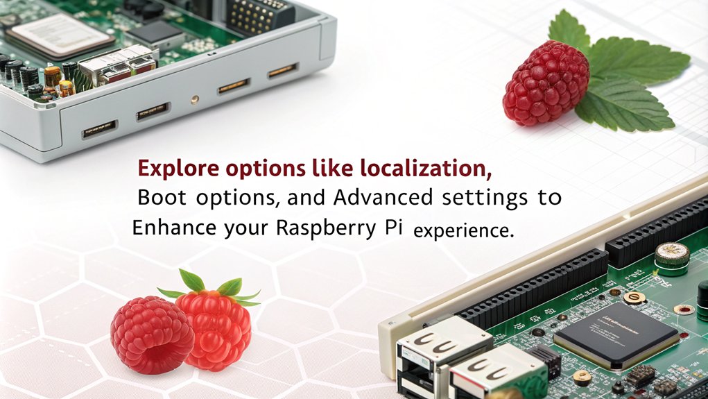 An infographic showcasing the System Options Overview in The Raspi-Config Tool. Highlight key functions for configuring your Raspberry Pi.