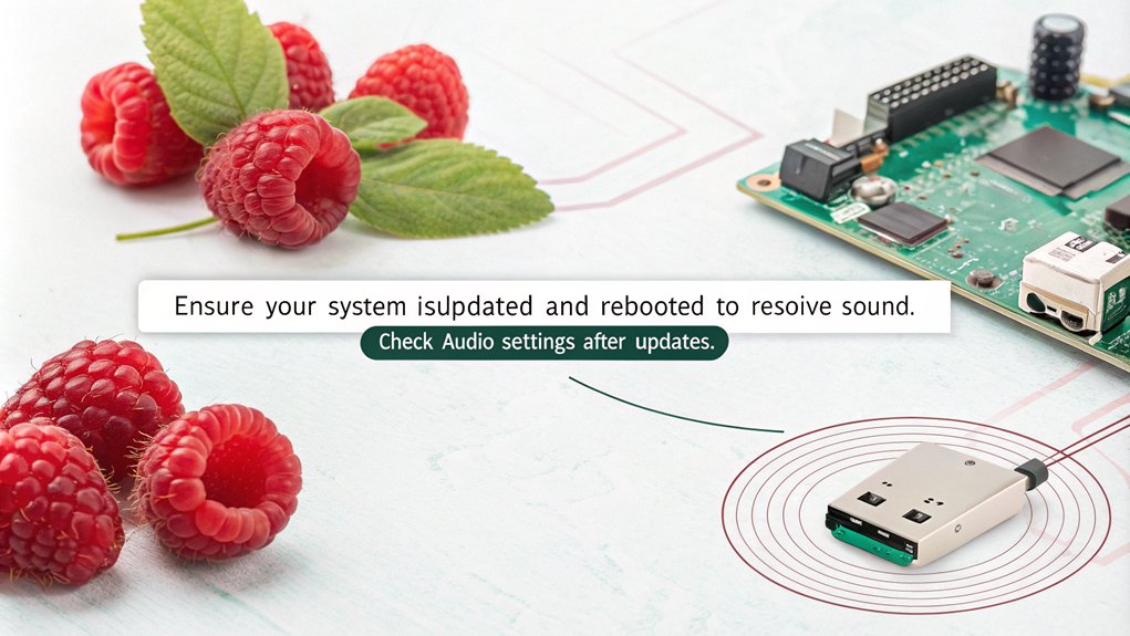 An infographic about System Updates and Reboot to troubleshoot sound on a Raspberry Pi.