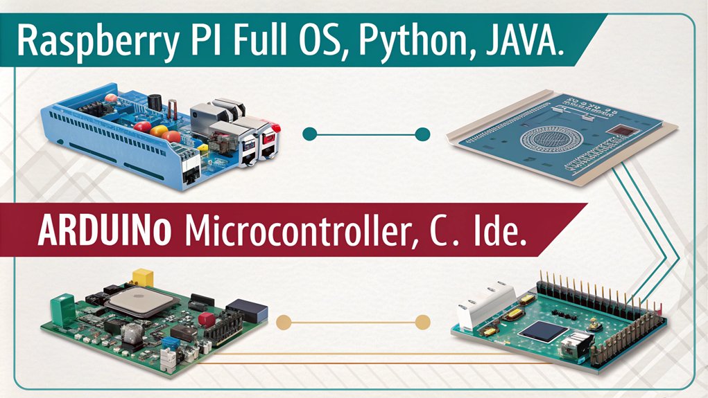 An infographic comparing the software environment and customization of Raspberry Pi and Arduino, aimed at beginners.