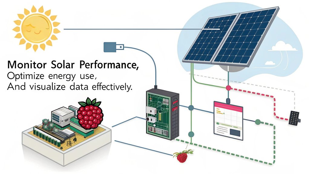 An infographic detailing the Technical Configuration for Solar Power Monitoring using a Raspberry Pi. Highlight key components, setup guidelines, and data visualization.