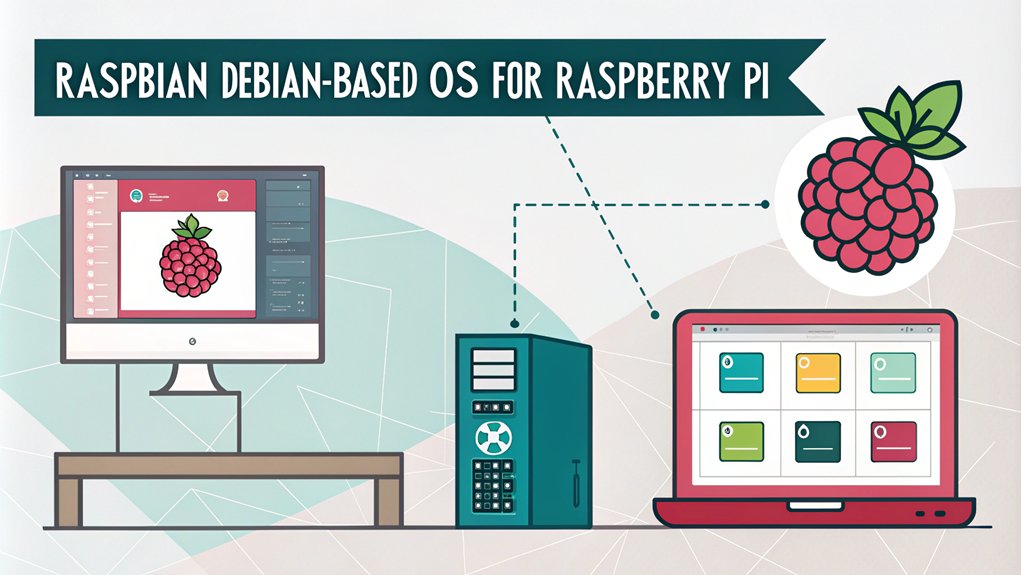 An infographic about the User Interface and Variants in the context of what is Raspbian, including:  - Raspbian as a Debian-based OS for Raspberry Pi - Raspbian Lite (command-line interface, headless system) - Desktop versions (RPD, LXDE, XFCE, MATE) - 32-bit and 64-bit versions 