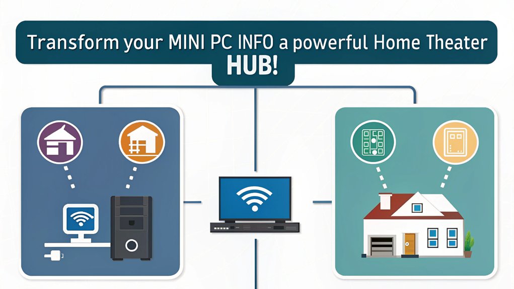 :An infographic exploring innovative uses for Mini PCs, focusing on home theater integration, home servers, and digital signage applications.