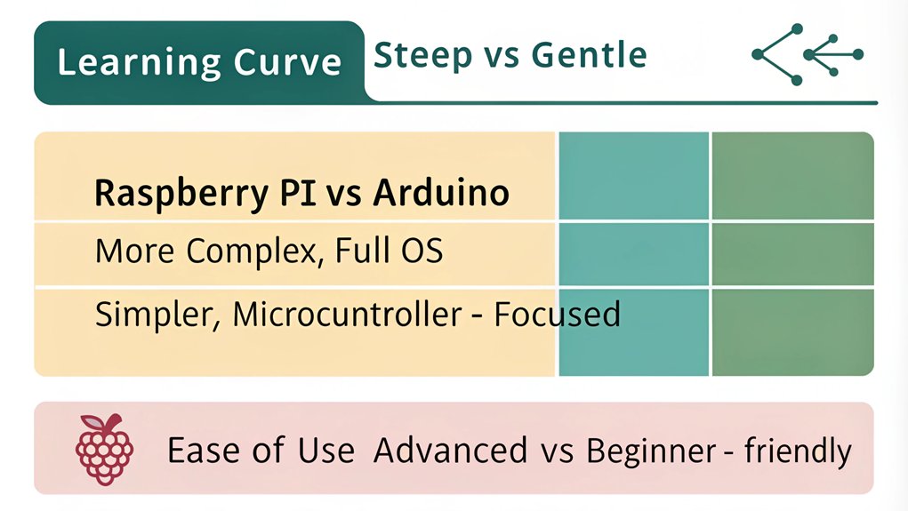 An infographic comparing the learning curve and ease of use of Raspberry Pi vs Arduino for beginners. 