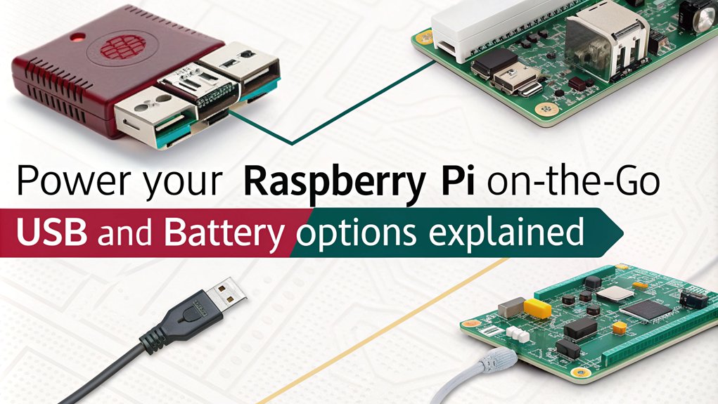 An infographic illustrating how to power your Raspberry Pi using battery options. It should show various methods, key benefits, and step-by-step guidance on USB and battery use.