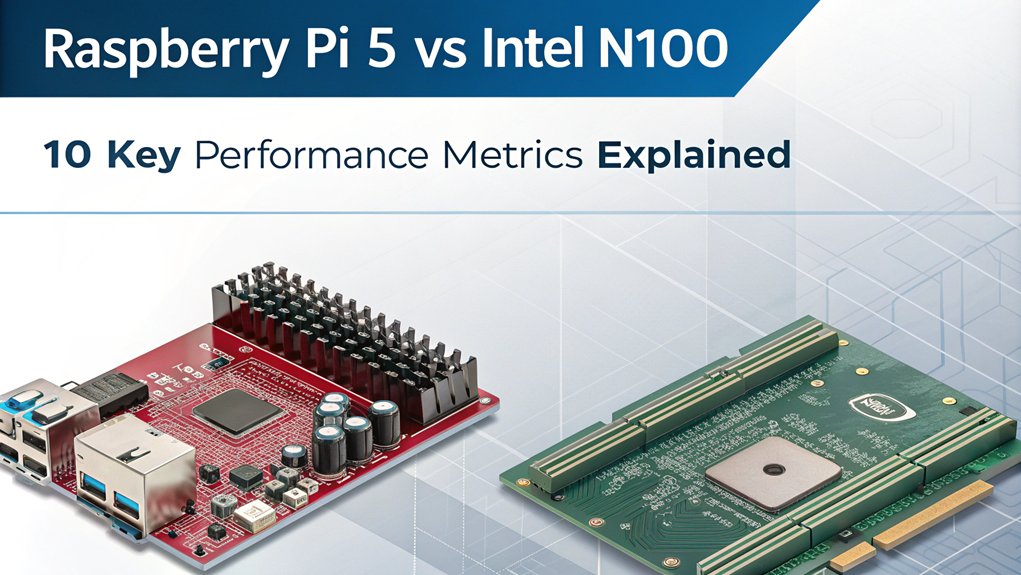 An infographic comparing the Price-to-Performance Ratio of Raspberry Pi 5 vs Intel N100, showcasing 10 performance metrics.
