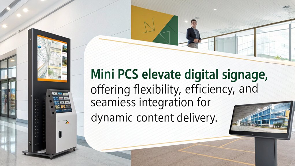 An infographic showcasing Mini PC uses, particularly in digital signage applications. Highlight benefits like cost-effectiveness, connectivity options, and content management. 