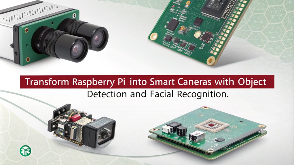 An infographic showcasing innovative Camera and Vision Projects for Raspberry Pi. Highlight smart gadgets that utilize computer vision technology. The only text in the image is as follows: "Transform Raspberry Pi into smart cameras with object detection and facial recognition."