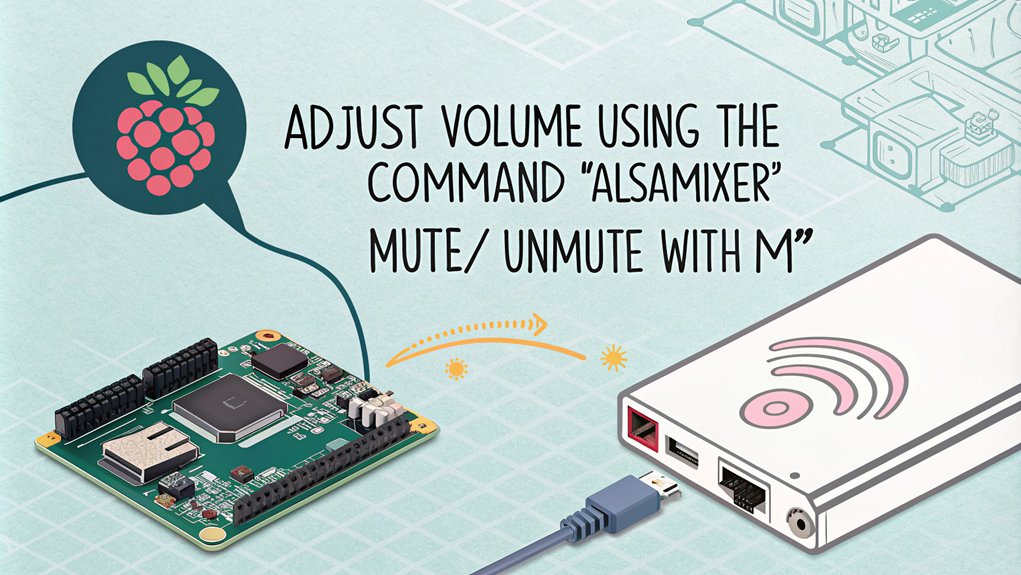 An infographic on Adjusting Volume and Mute Settings for troubleshooting sound on a Raspberry Pi.