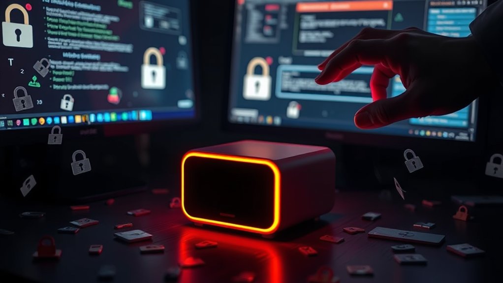 The image captures a sleek mini PC, its compact silhouette glowing under soft, ambient lighting. Surrounding it are scattered, ominous symbols representing unpatched software vulnerabilities: digital locks, glitchy screens, and warning icons. A blurred hand reaches for a software update button on a nearby monitor, embodying urgency. The contrasting shadows suggest lurking threats, while the vibrant glow of the mini PC symbolizes hope and resilience against cyber attacks.