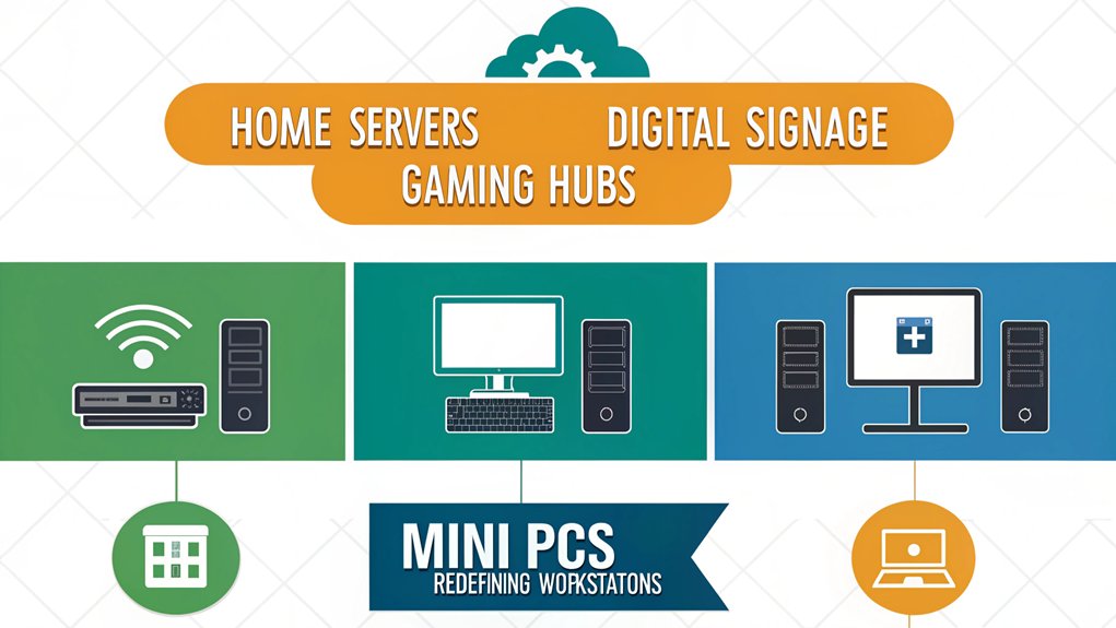 An infographic illustrating the versatility of mini PCs beyond traditional desktop use. Highlight applications such as home servers, digital signage, and more. 
