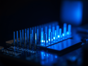 A close-up macro photograph of a Raspberry Pi GPIO pins with soft depth of field, glowing blue LED light reflecting off the pins, dark background, circuit traces visible, cinematic lighting, technical yet artistic, giving an idea of GPIO programming