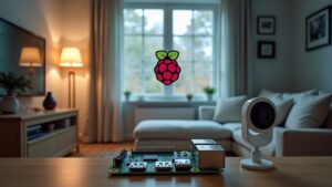 A realistic image of a smart home setup featuring a Raspberry Pi controlling various gadgets like lights, thermostat, and security camera.